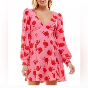 Crystal Doll Womens Pink Floral Puff Sleeve Short Mini Dress Juniors M